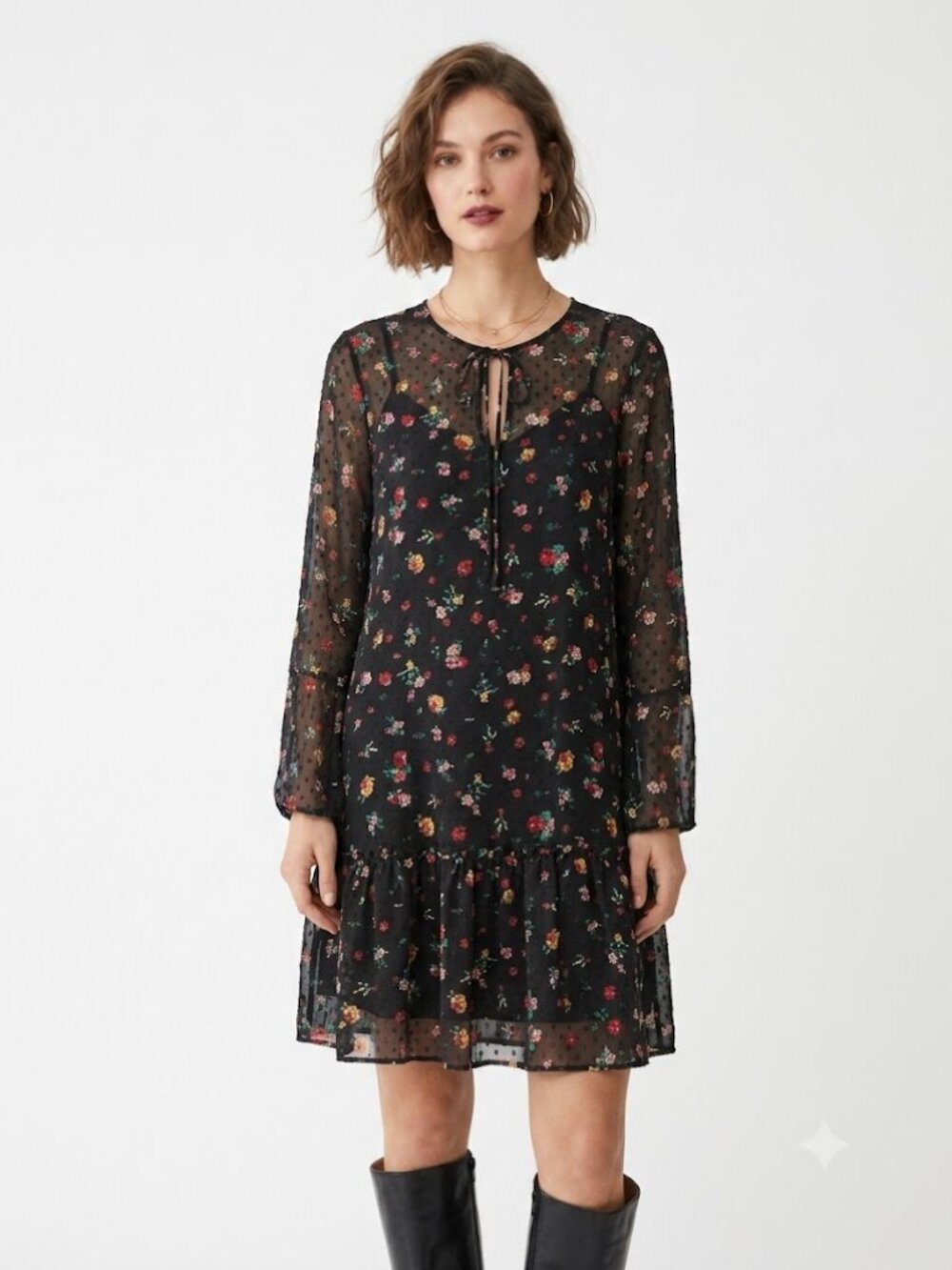 Banana Republic Floral Clip Dot Sheer Mini Dress | Black Romantic | Size S